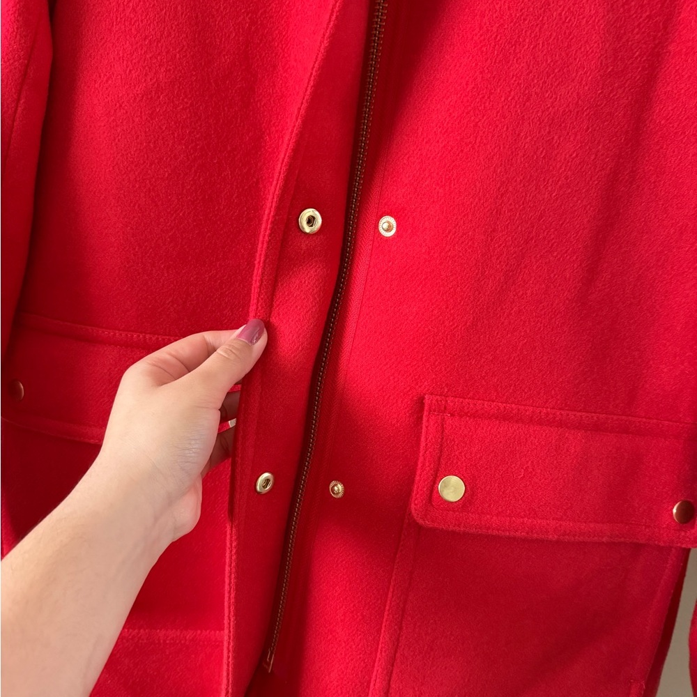 J. Crew Red Wool Blend Detachable Faux Fur Trim Hooded Parka Coat Size 4 - Picture 6 of 9